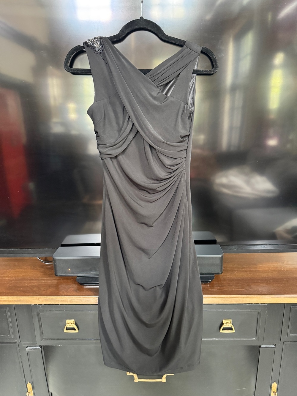 David Meister Charcoal Gray One-Shoulder Draped Cocktail Dress